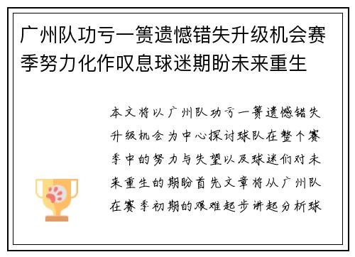 广州队功亏一篑遗憾错失升级机会赛季努力化作叹息球迷期盼未来重生